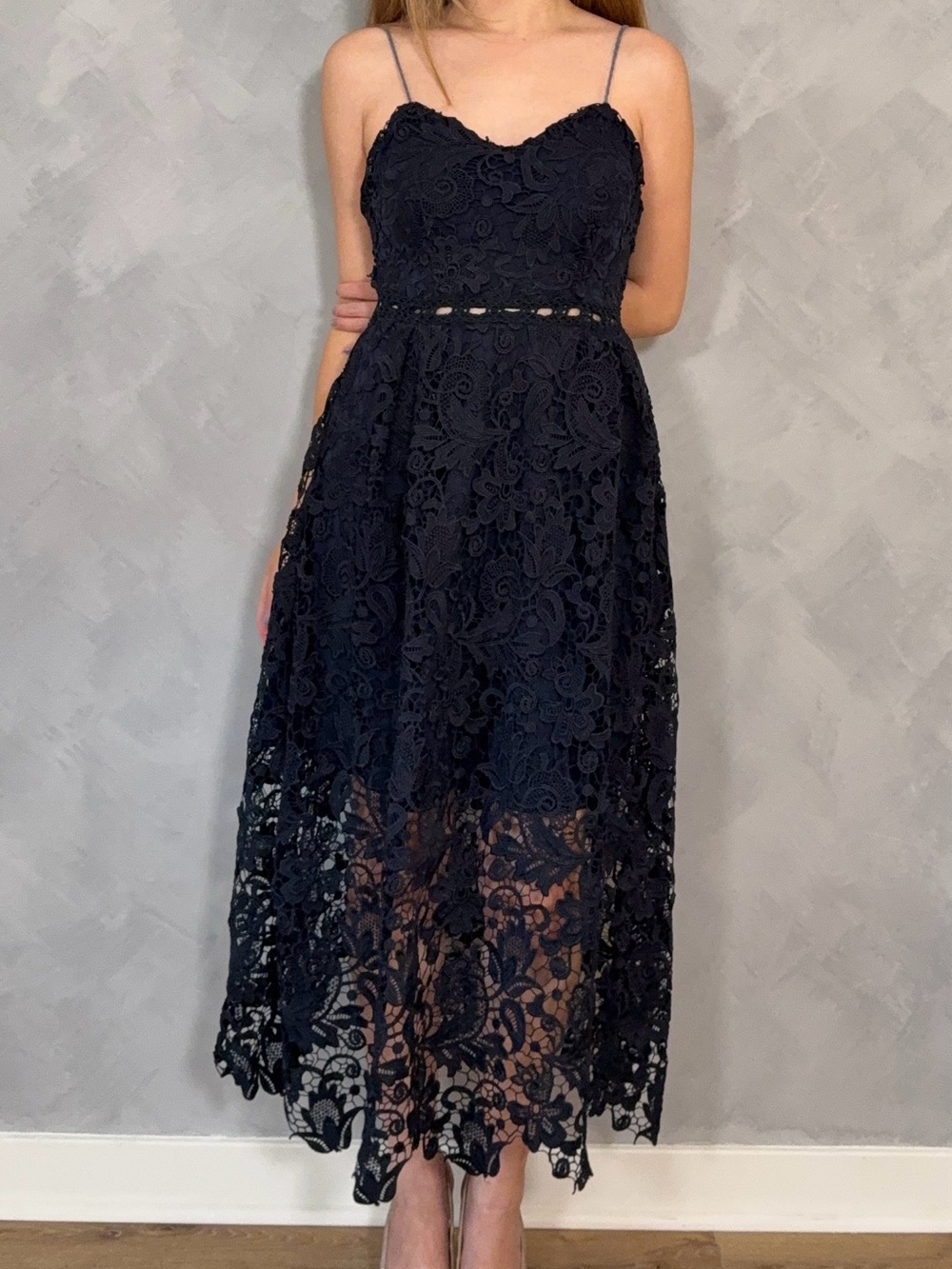 Lace flower navy event midi dress